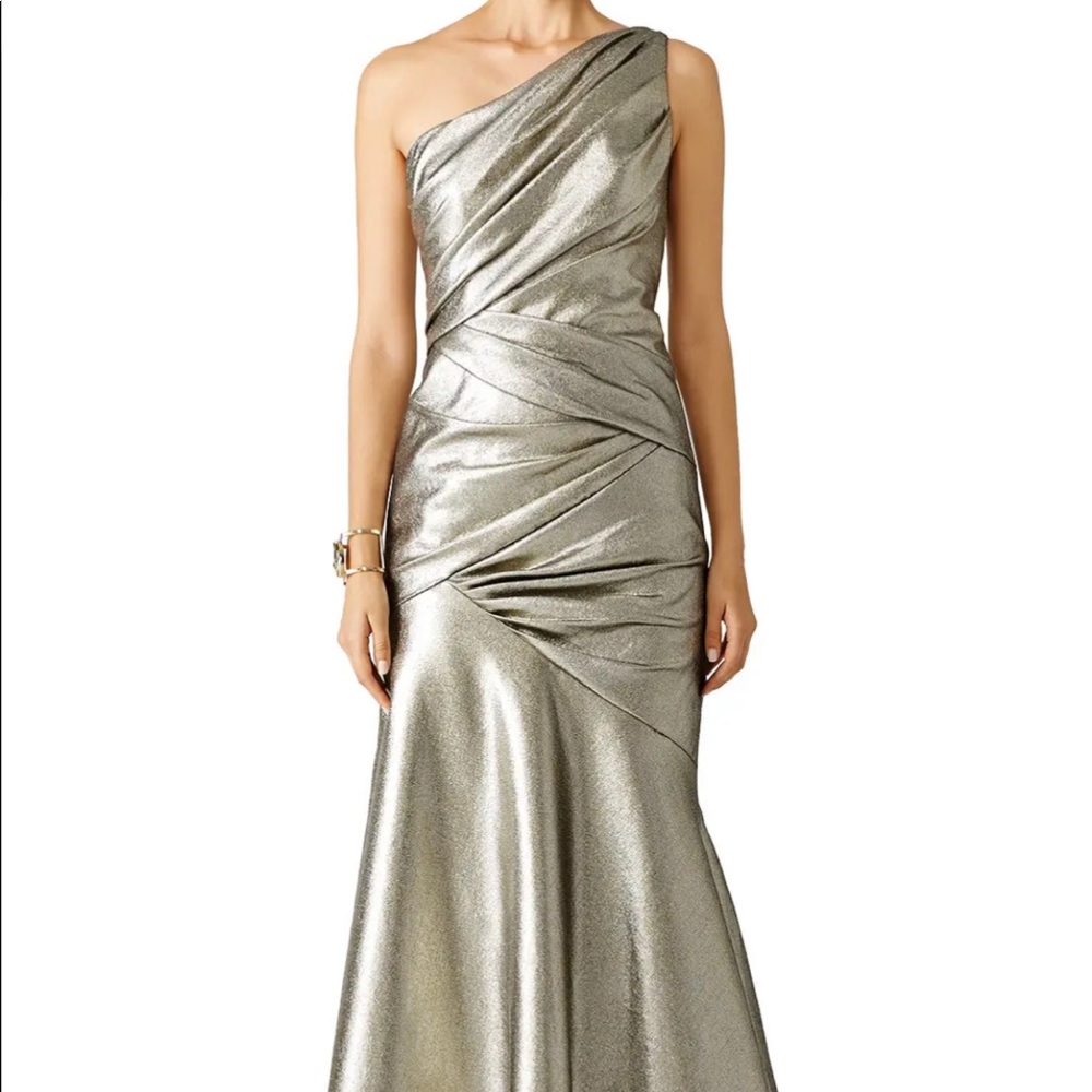 Carmen Marc Valvo Silver One-Shoulder Maxi Dress